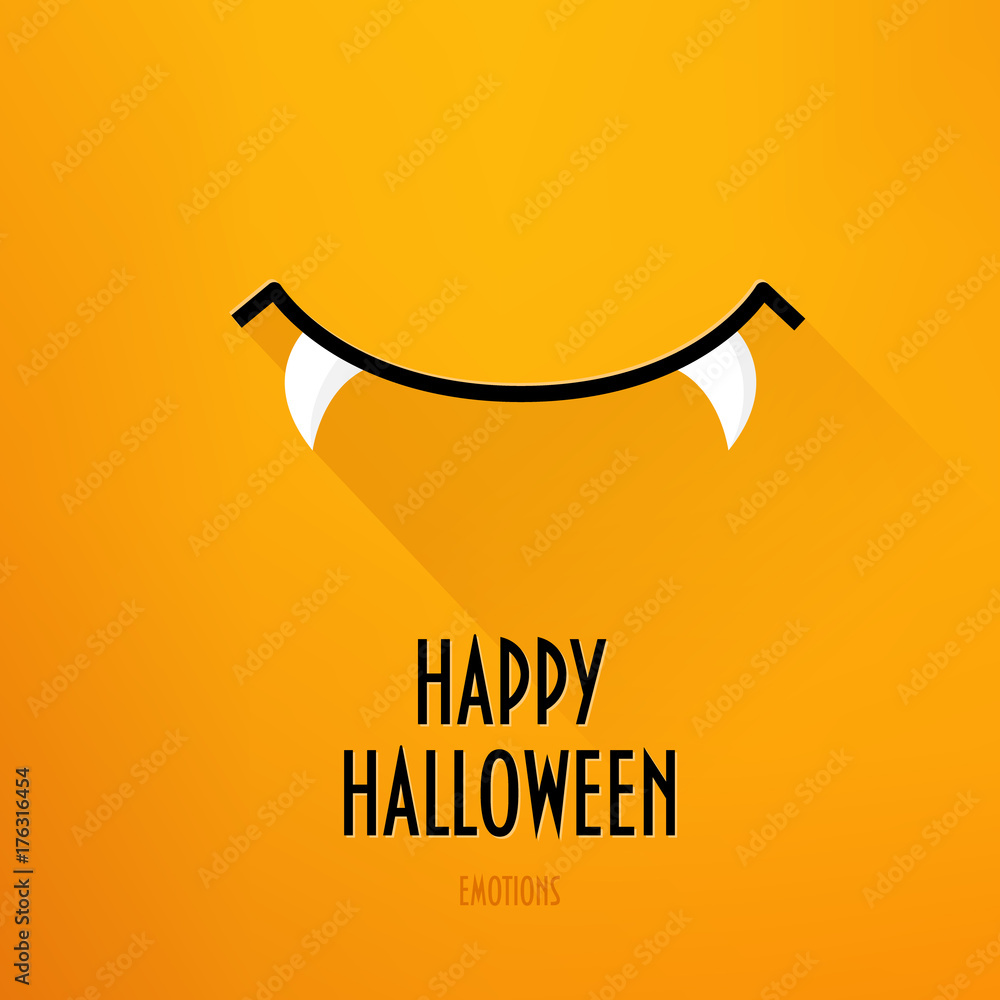 Obraz premium Happy Halloween card with vampire's smile and greeting text on orange background. Flat design. Vector.