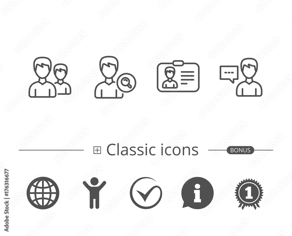 Group of Users, Search and ID card icons. Group of Users, Search and ID card icons.