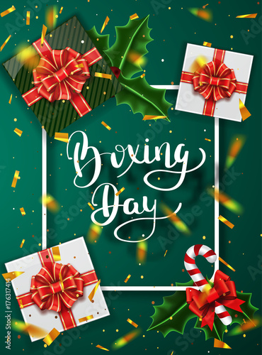 Boxing day banner design. Lettering calligraphy. New Year holidays, traditions. Gift boxes top view. Festive Christmas vector illustration