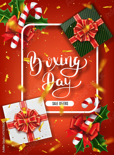 Boxing day banner design. Lettering calligraphy. New Year holidays, traditions. Gift boxes top view. Festive Christmas vector illustration