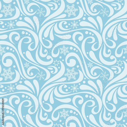 Abstract New Year pattern with white snowflakes and swirls on blue