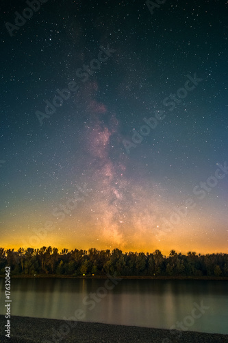 The Galactic Center as seen from the shore of the river Rhine at Mannheim in Germany.