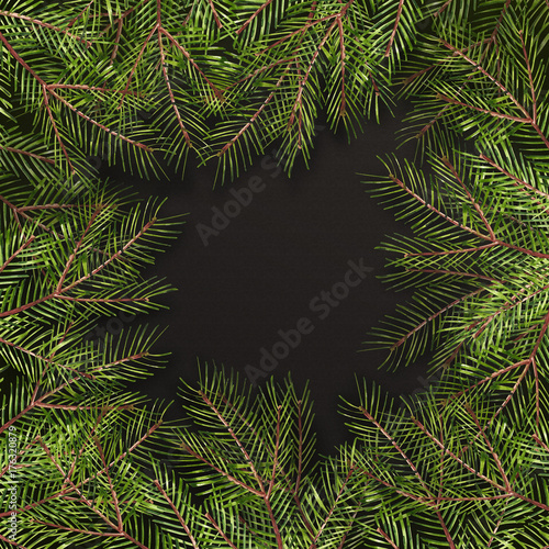 Watercolor christmas card. New year tree border with decor for design, print or background. Green rectangle frame with space for text.