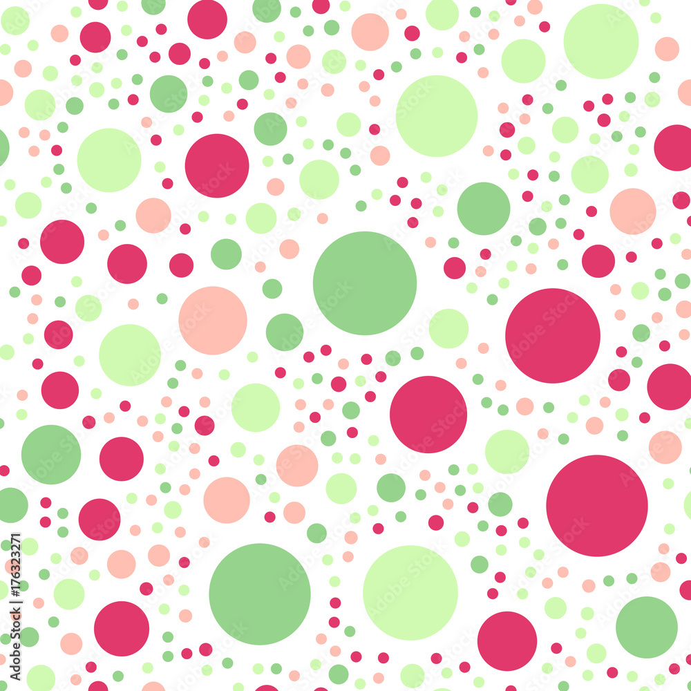 Colorful polka dots seamless pattern on white 20 background. Ravishing classic colorful polka dots textile pattern. Seamless scattered confetti fall chaotic decor. Abstract vector illustration.