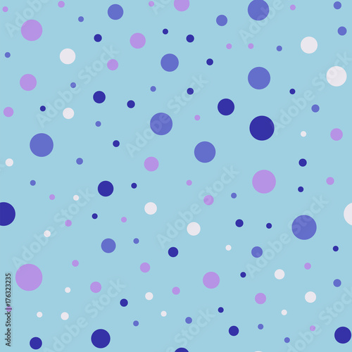 Colorful polka dots seamless pattern on bright 27 background. Rare classic colorful polka dots textile pattern. Seamless scattered confetti fall chaotic decor. Abstract vector illustration.