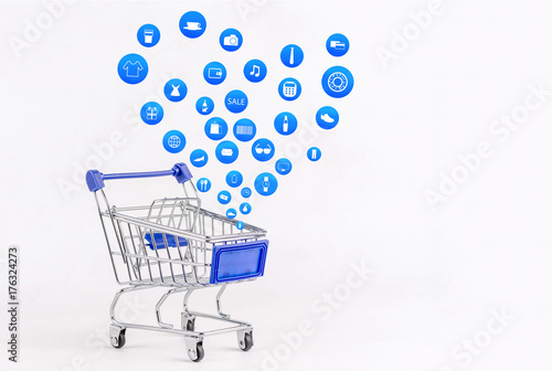 Shopping cart with Shopping icon on white background , Koncept shopping online