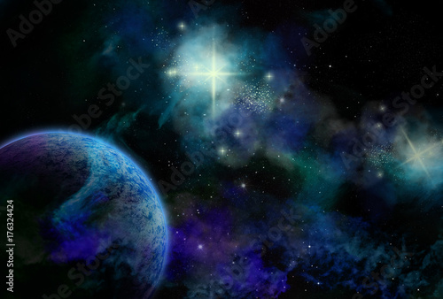 Original 2D illustration. Space fantasy scene. Alien galaxy, planets, nebula and space clouds.