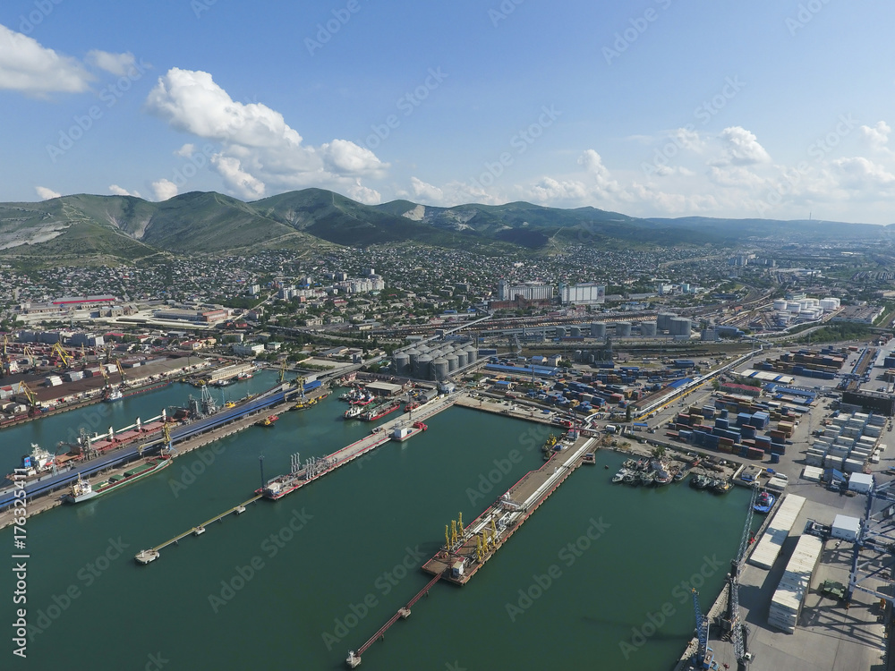 Industrial seaport, top view. Port cranes and cargo ships and ba