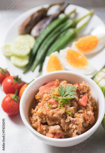 Northern Thai food (Nam Prik Ong) with vegetables and boiled egg,spicy tomato with pork,red chili dip,Northern Thai dipping sauce