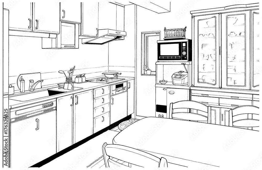 漫画風ペン画イラスト 住宅 キッチン Stock Illustration Adobe Stock