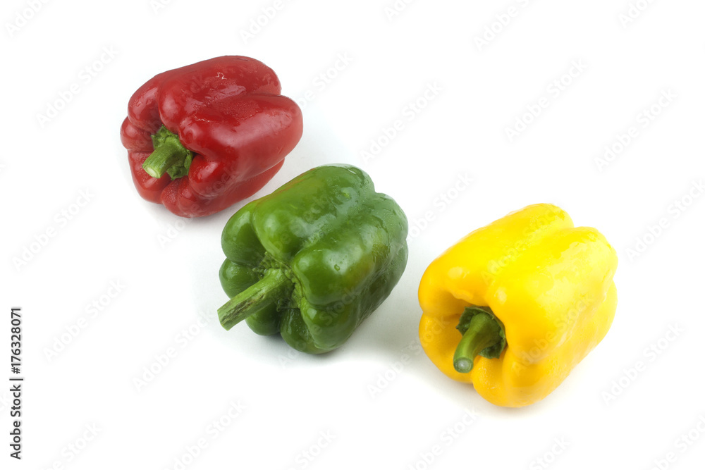 Bell pepper Red yellow and green fresh delicious on a white background. Bell pepper Red yellow and green fresh delicious on a white background.