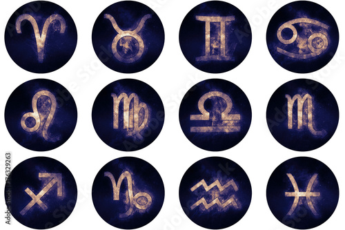 Zodiac signs buttons. Set of horoscope symbols, astrology icons collection.