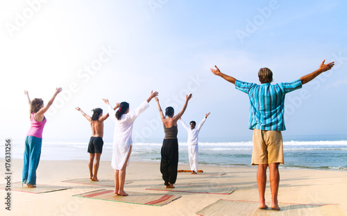 Yoga class by the beach.