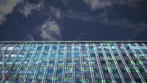 Ominous stock market ticker scrolling over financial firm