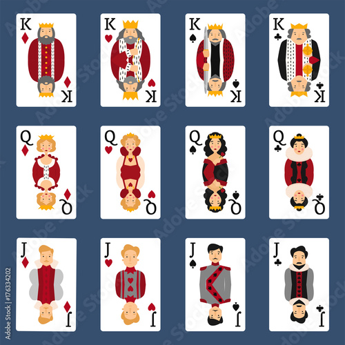 Poker set with isolated cards casino gambling deck playing royal king queen jack gamble symbols vector illustration.