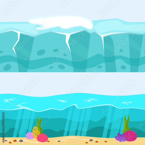 Cross section of sea water ecology natural geologist underwater background landscape river vector illustration.