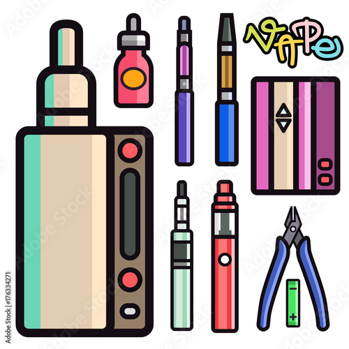 Vape device vector set cigarette vaporizer vapor juice bottle flavor illustration battery coil.