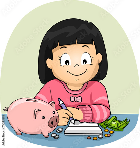 Kid Girl Write Savings Illustration