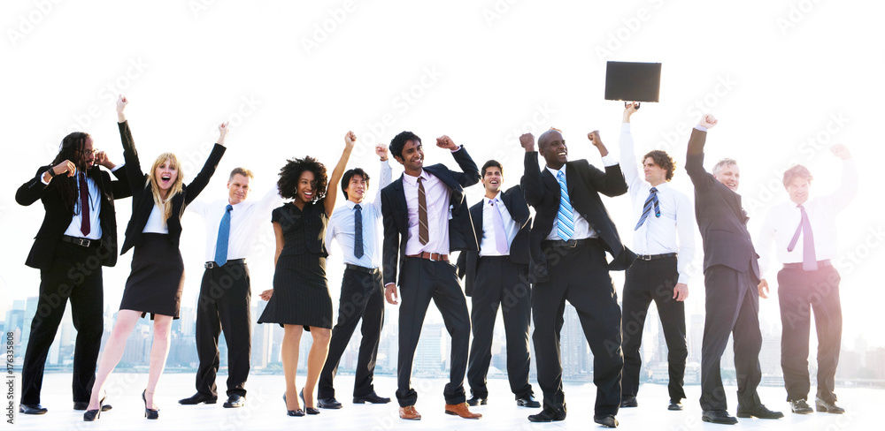 Obraz premium Group of diverse business people with raised arms