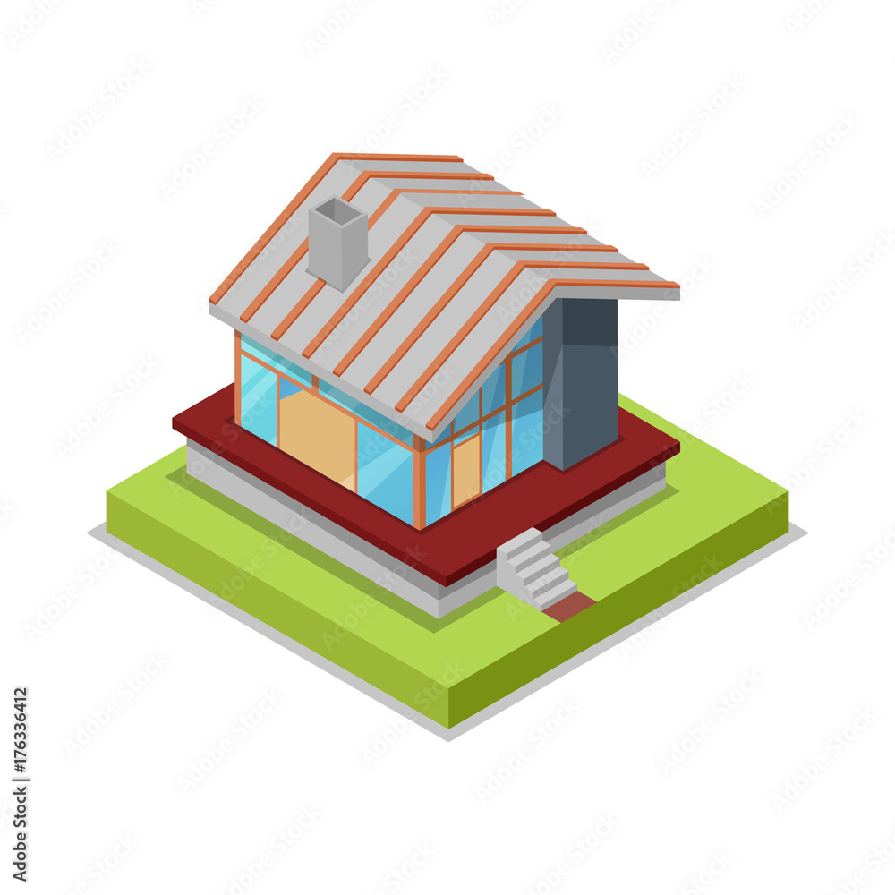 Roof installation isometric 3D icon. Construction stages of countryside