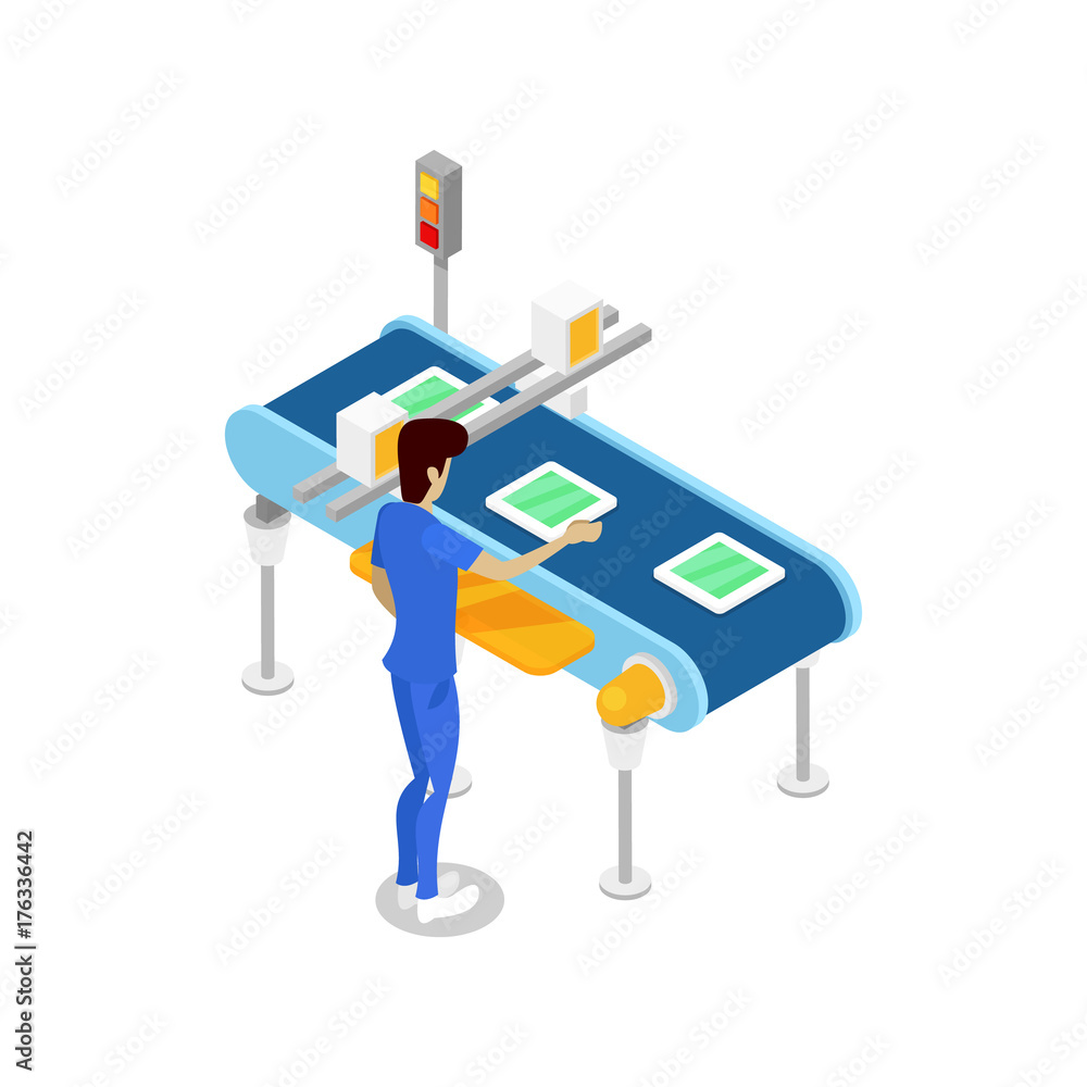 Young boy near isometric 3D production line. Industrial goods production, mechanical conveyor with workers manufacturing process, assembly line vector illustration.