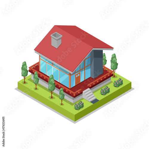 House landscape design isometric 3D icon. Construction stages of countryside house, low poly model of rural real estate building vector illustration.