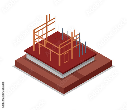 Construction structure of walls isometric 3D icon. Construction stages of countryside house, low poly model of rural real estate building vector illustration.