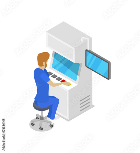 Operator console production line isometric 3D icon. Industrial goods production, mechanical conveyor with workers manufacturing process, assembly line vector illustration.