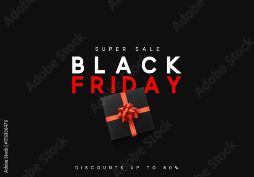 Black Friday sale, banner, poster advert. Card offert promotion design. Background lights bokeh and black gift box with red bow.
