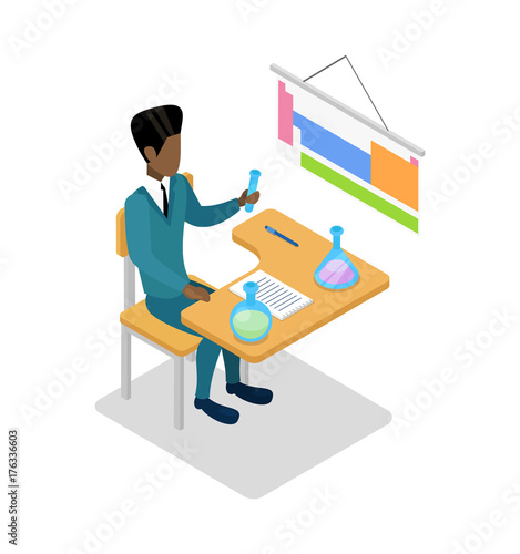 Teacher teaching chemistry at your workplace isometric 3D icon. Young man sitting at table, student studying in audience vector illustration.