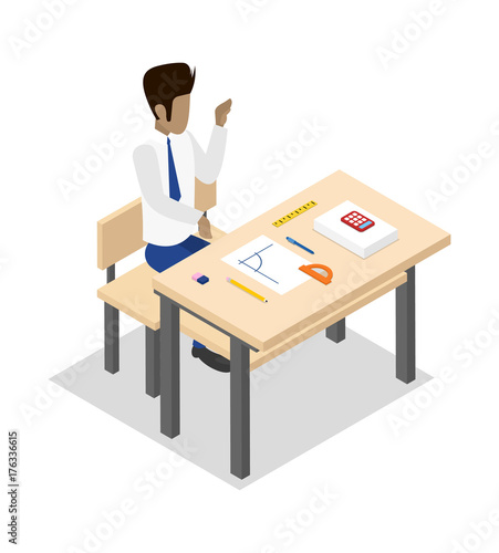 Teacher teaching geometry at your workplace isometric 3D icon. Young man sitting at table, student studying in audience vector illustration.