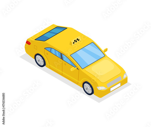 Yellow taxi car isolated isometric 3D icon. City public transport, town vehicle, urban and countryside traffic vector illustration.