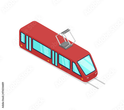 Red streetcar isolated isometric 3D icon. City public transport, town vehicle, urban and countryside traffic vector illustration.