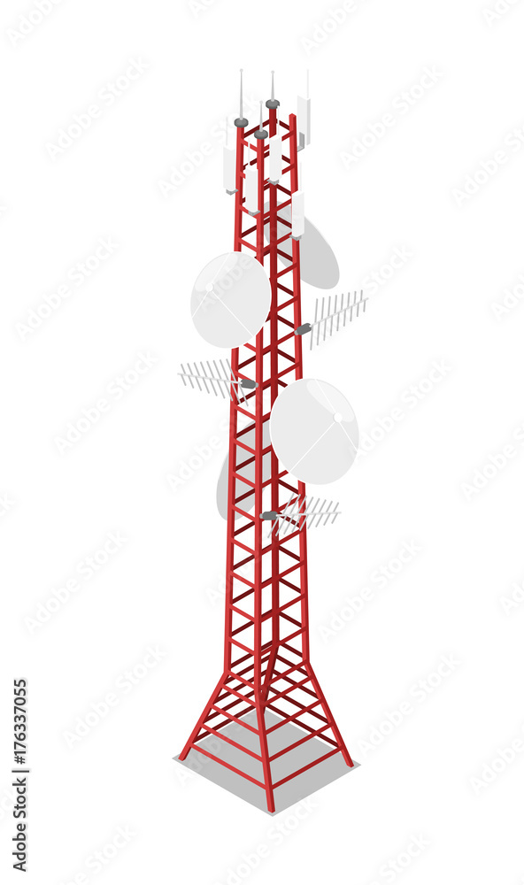 TV tower isometric 3D icon. Digital technologies, broadcasting device, equipment for network communication vector illustration TV tower isometric 3D icon. Digital technologies, broadcasting device, equipment for network communication vector illustration