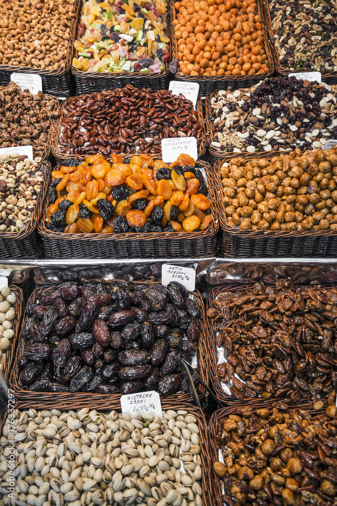 dried fruits and nuts stall la boqueria market barcelona spain