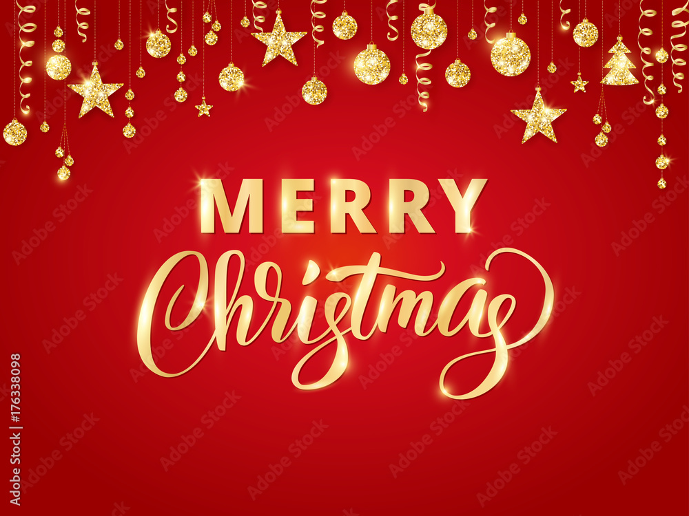 Merry Christmas hand written lettering. Golden glitter border, garland with hanging balls and ribbons. Merry Christmas hand written lettering. Golden glitter border, garland with hanging balls and ribbons.