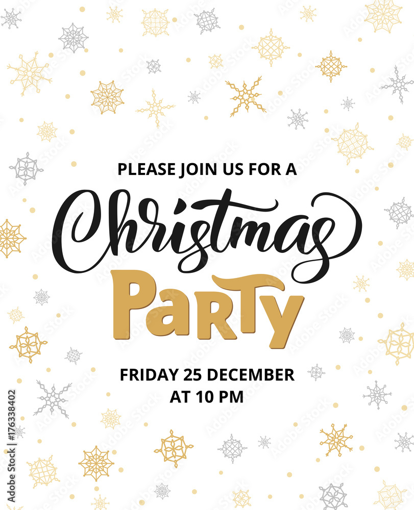 Christmas party poster template, vector illustration. Hand written lettering, typography. Background with falling snowflakes