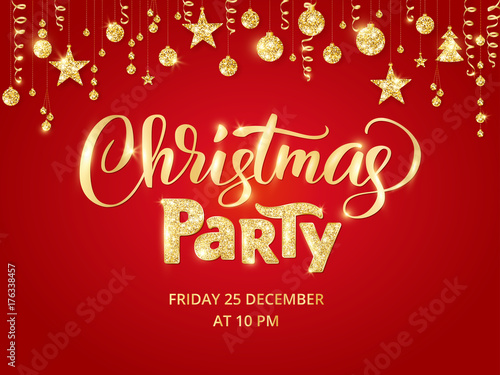 Christmas party poster template. Hand written lettering. Golden glitter border, garland with hanging balls and ribbons.