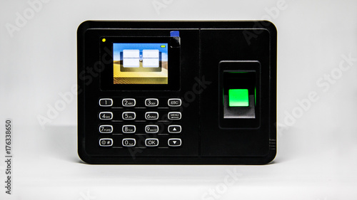 Black biometric scan with fingerprint sensor and digital screen for staff isolated on white background. © NEPTUNESTOCK