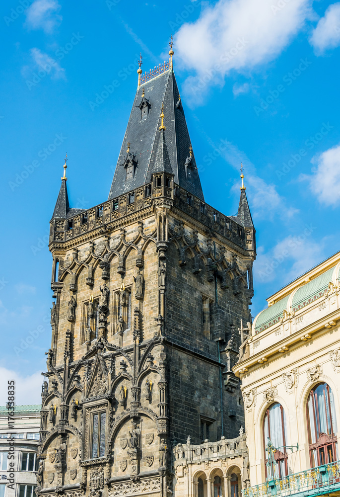 Fototapeta premium Ancient powder tower and a powder gate. Tourist attraction of Prague