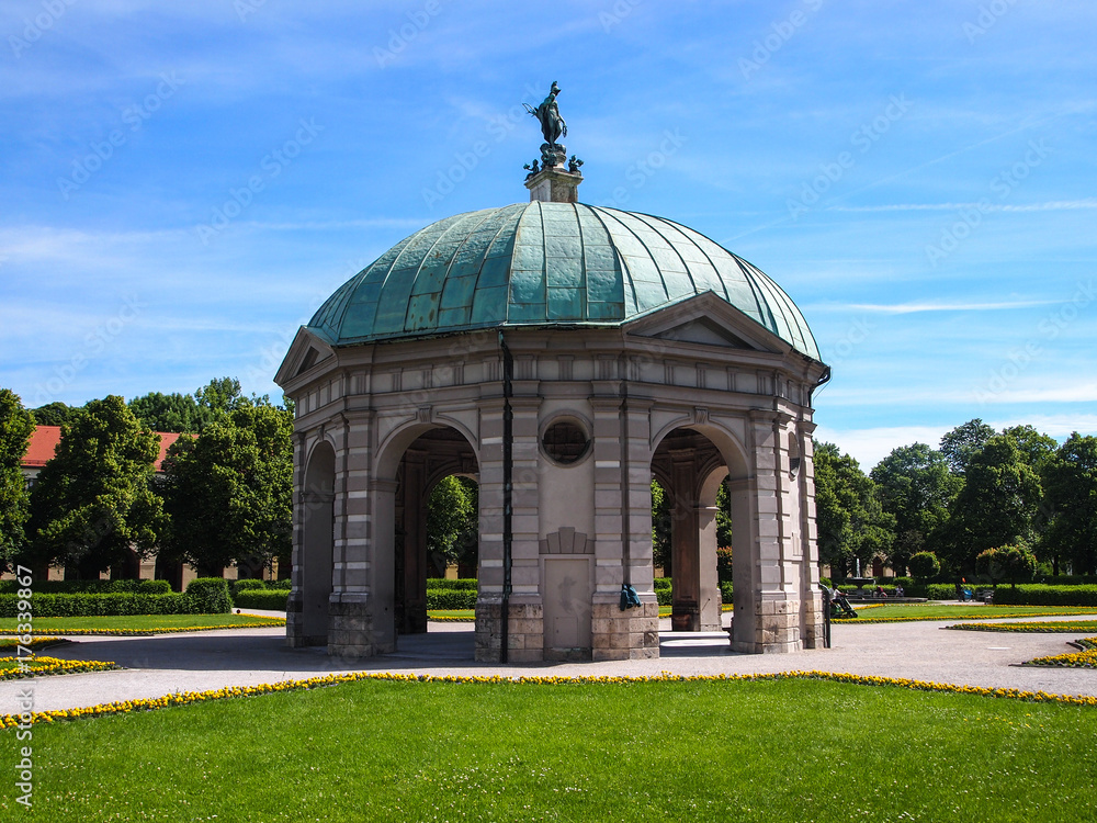 Beautiful landscape of Munich garden with clear blue sky background in sunny day. A large public park in the centre of Munich,Germany. Beautiful landscape of Munich garden with clear blue sky background in sunny day. A large public park in the centre of Munich,Germany.