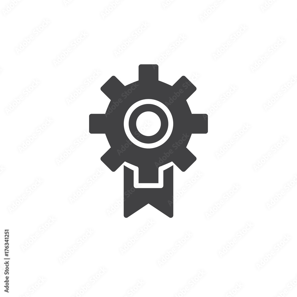 Cogwheel with ribbon icon vector, filled flat sign, solid pictogram isolated on white. Symbol, logo illustration.