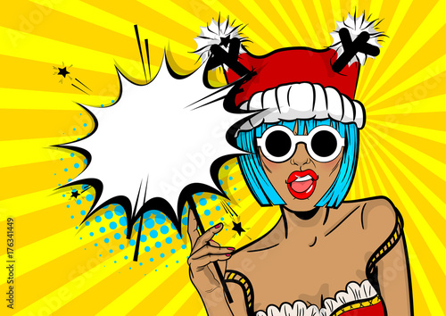Marry Christmas young beautiful pop art woman pompom deer hat. Vector illustration popart wow face. Dare girl in red dress hold hand bengal fire, sparkler empty comic text speech bubble, balloon box. 