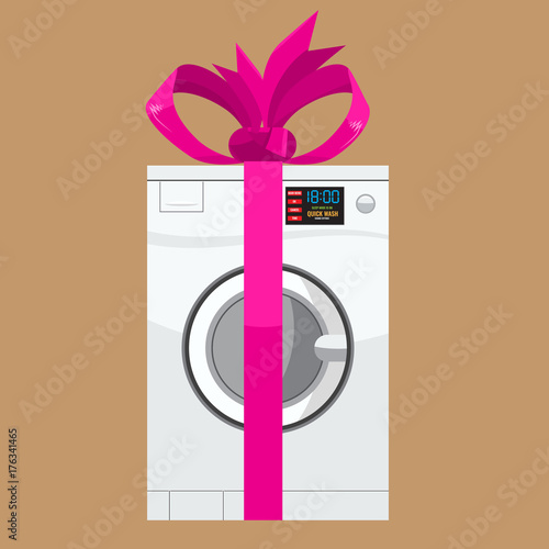 Washing machine in detail with pink ribbon for gift. Illustrated vector. photo