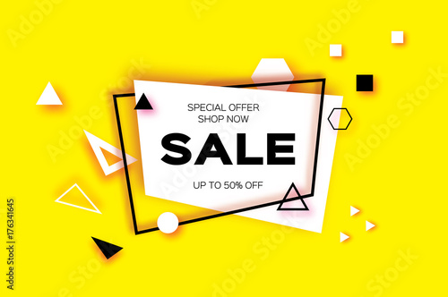 Sale. Trendy Geometric elemets and frame in paper cut style. Discount. For brochure, flyer or presentations design. Simple geometry. Yellow background. Vector