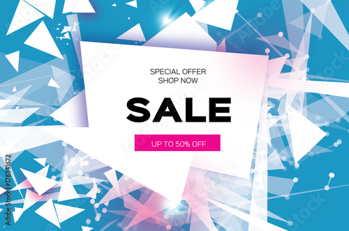 Big Sale. White fiery explosion. Discount. Trendy Geometric elemets and frame in paper cut style. For brochure, flyer. Simple geometry. Blue background. Vector