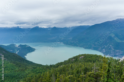 scenic view of Howe sound from the sea to sky gondola in Squamish , British Columbia.
