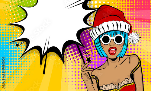 Dare girl in red dress hold hand bengal fire, sparkler empty comic text speech bubble, balloon box. Marry Christmas young beautiful pop art woman pompom hat. Vector illustration popart wow face.