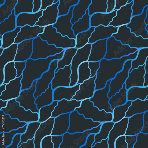 Seamless pattern with abstract irregular wavy blue grid. Dark contrast capillary or river lines texture for textile, wrapping paper, cover, background, wallpaper, surface