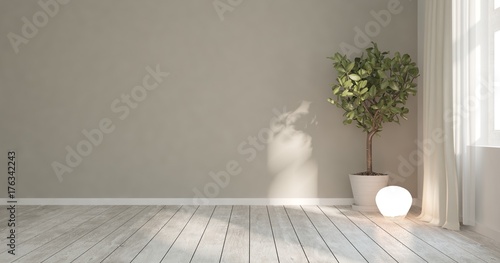 Inspiration of white minimalist room with green flower. Scandinavian interior design. 3D illustration